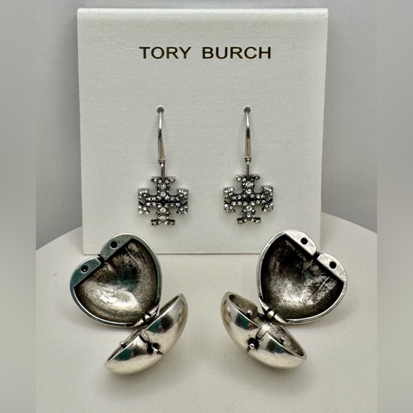 TORY BURCH Silver Heart Locket Earrings NEW - Picture 6 of 6